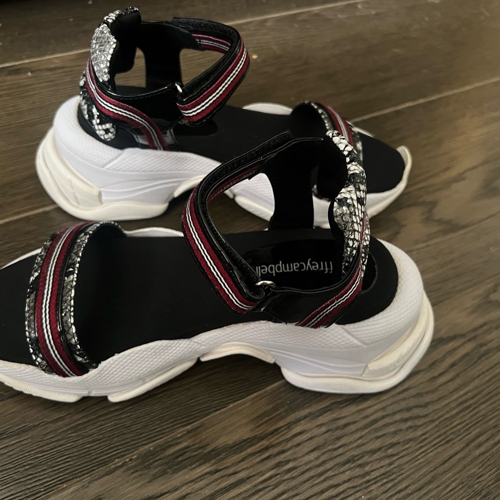 Trendy Black and White Jeffrey Campbell Sandals with Red Accents